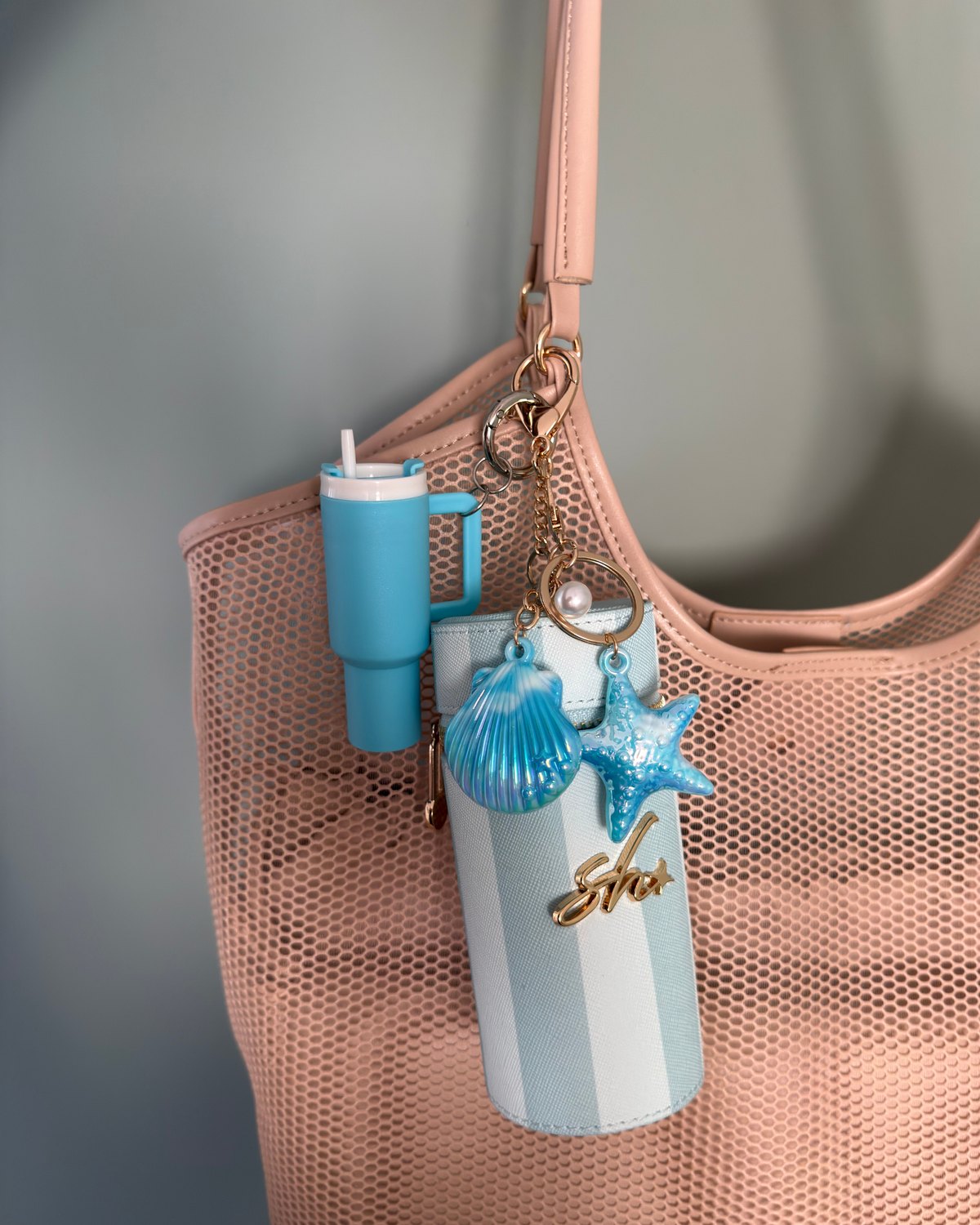 Mavi çizgili büyük vanity çanta ve mini çanta — Cloud makyaj çantası seti