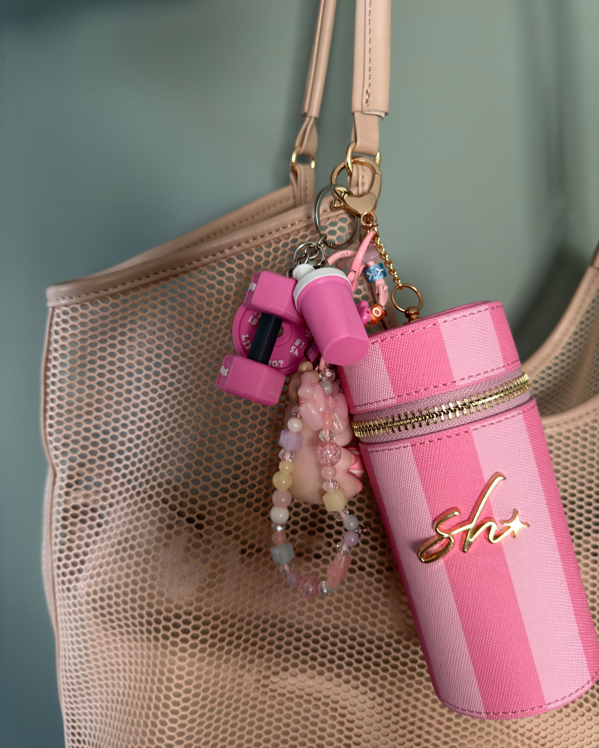 Pembe çizgili büyük vanity çanta ve mini çanta — Blush makyaj çantası seti