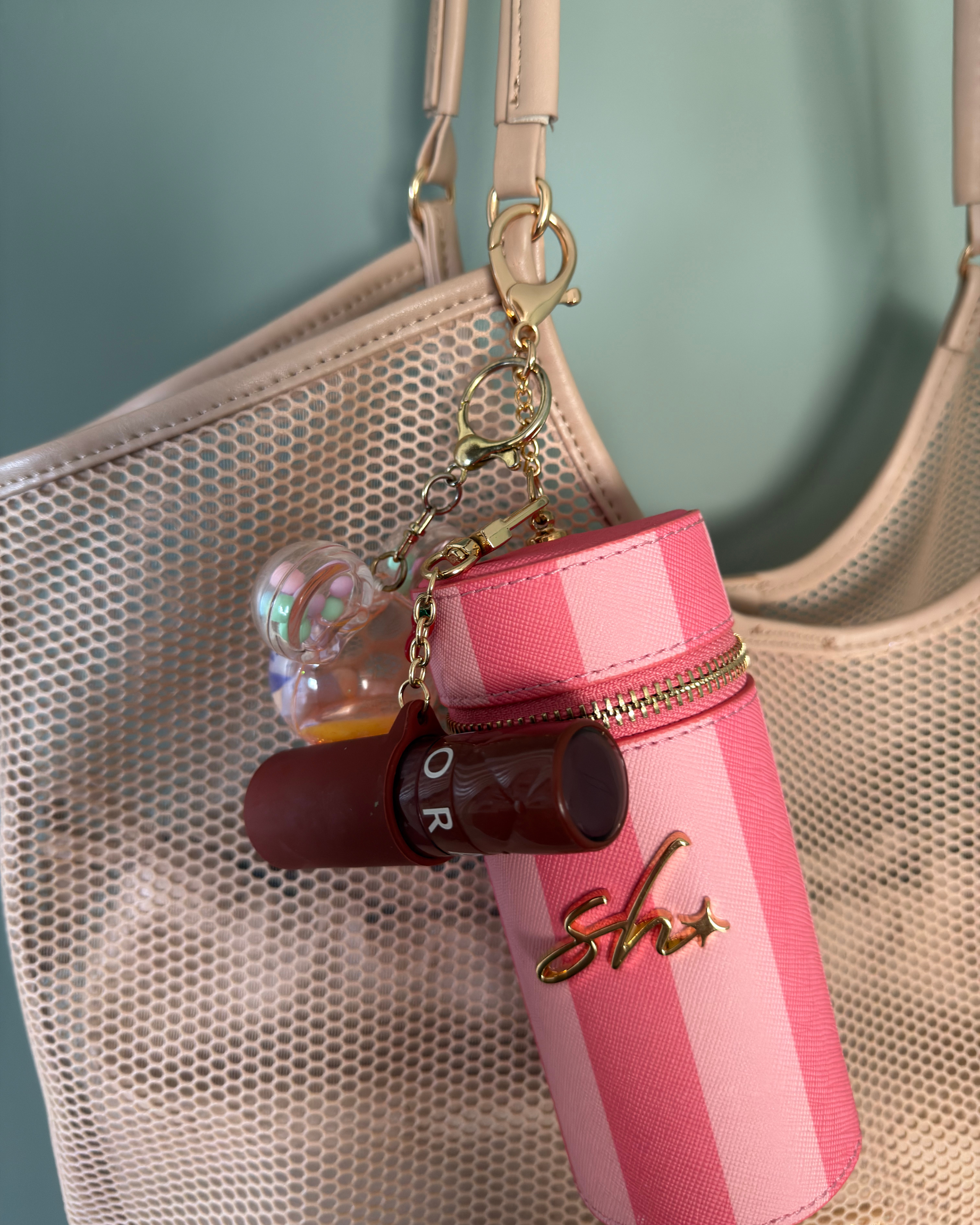 Coral çizgili büyük vanity çanta ve mini çanta — Sorbet makyaj çantası seti